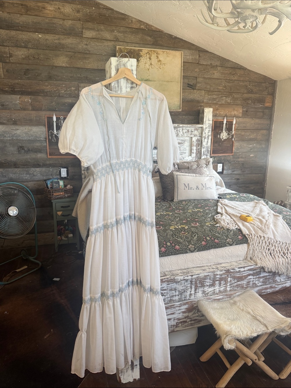 Vintage White Maxi Dress with Pale Blue Trim